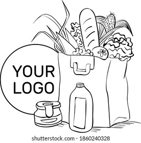 Elemento vectorial para el logotipo de la tienda de alimentos saludables. Bolsa de artesanía con productos naturales y verduras. Ecología y logotipo de basura cero
