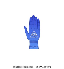 Vector element with the magical symbol of hamsa in the form of a blue hand with a triangle pattern and an eye. Protective amulet on a white background.