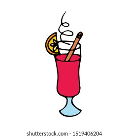Vector element Mulled wine cocktail. Isolated on white background, color element with black outline. For design, postcards, factories, manufactures, gifts, coloring books, books, stickers