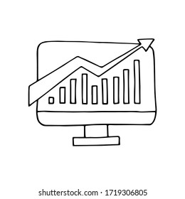 Vector element on a business theme in doodle style. Monitor with graph and arrow. Hand drawn vector illustration for cards, posters, stickers and professional design. EPS 8.