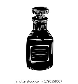 Vector element on a white background. Illustration of a bottle with a potion. Black and white sketch for print, textiles, websites, print. Icons.