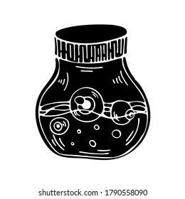 Vector element on a white background. Illustration of a bottle with a potion. Black and white sketch for print, textiles, websites, print. Icons.