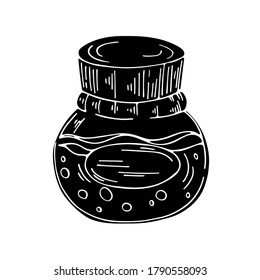 Vector element on a white background. Illustration of a bottle with a potion. Black and white sketch for print, textiles, websites, print. Icons.