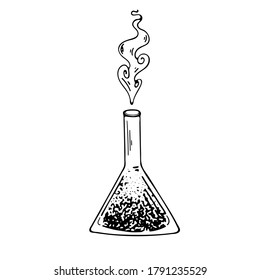 Vector element on a white background. Illustration of a bottle with a potion. Black and white sketch for print, textiles, websites, print. Icons.