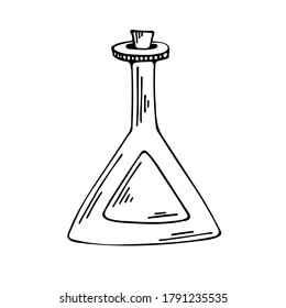 Vector element on a white background. Illustration of a bottle with a potion. Black and white sketch for print, textiles, websites, print. Icons.
