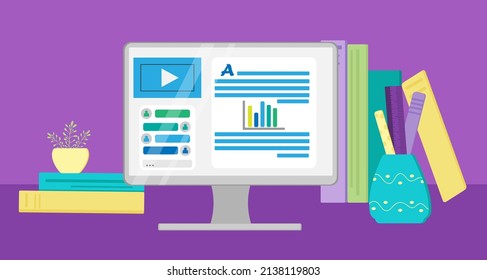 Vector element for online training and courses, digital classroom, webinar. Computer screen with training, infographics for creating presentations. For use in advertising, banner, background, sticker.
