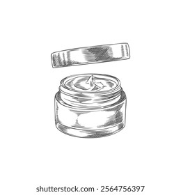 Vector element with organic gel in a glass jar with an open lid on a white background. Black and white hand-drawn drawing for face and body skin care.