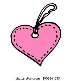 vector element of a pink paper tag in the shape of a heart with a ribbon with a decorative stripe stroke with a place for text. hand-drawn in the doodle style Abstract love symbol.