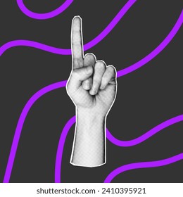 Vector element in retro halftone style on a dark background, bright purple doodle lines. Hand gesture with one finger, counting by bending fingers. Pop art paper cut elements.