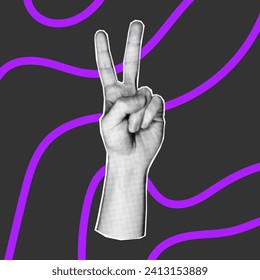 Vector element in retro halftone style on a dark background, bright purple doodle lines. Hand gesture with two fingers, counting by bending fingers. Pop art paper cut elements.