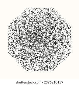 Vector element in retro style, black octagon on a light background with noisy sand texture. Halftone, drawing using the stipplism technique.
