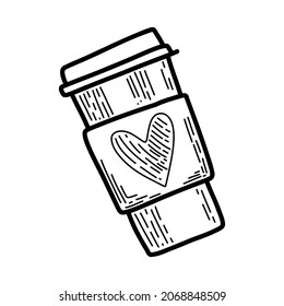Vector element. Reusable tea coffee cup in cozy style. Eco friendly concept. Black and white illustration. For printing on paper, cards, stickers, using in social media and on line shops.
