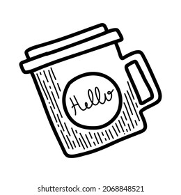 Vector element. Reusable tea coffee cup in cozy style. Eco friendly concept. Black and white illustration. For printing on paper, cards, stickers, using in social media and on line shops.
