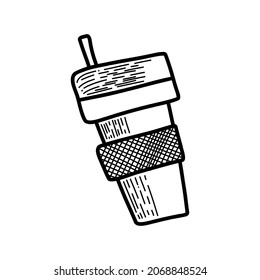 Vector element. Reusable tea coffee cup in cozy style. Eco friendly concept. Black and white illustration. For printing on paper, cards, stickers, using in social media and on line shops.
