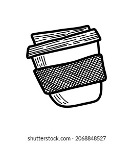 Vector element. Reusable tea coffee cup in cozy style. Eco friendly concept. Black and white illustration. For printing on paper, cards, stickers, using in social media and on line shops.
