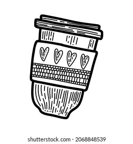 Vector element. Reusable tea coffee cup in cozy style. Eco friendly concept. Black and white illustration. For printing on paper, cards, stickers, using in social media and on line shops.
