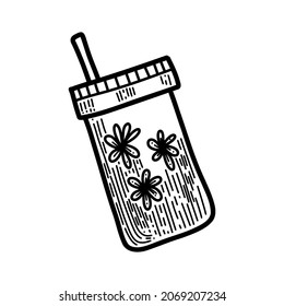 Vector element. Reusable tea coffeee cup in cozy style. Eco friendly concept. Black and white illustration. For printing on paper, cards, stickers, using in social media and on line shops.