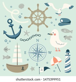 The Vector Element of Sea Port Cute Bird Object Sticker Boat and Sea Minimal Ocean Cartoon with Little Lighthouse Sweet Color Sailor Fish and Shell