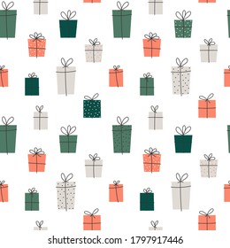 Vector element of seamless pattern. Gift box with ribbon. Christmas and new year paper print design