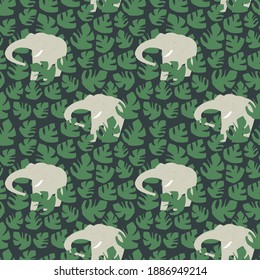 Vector element of seamless pattern. Paper design. Green leaves and elephants