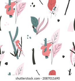 Vector element of seamless pattern with sloth, plants, leaves, snags. paper cover print design