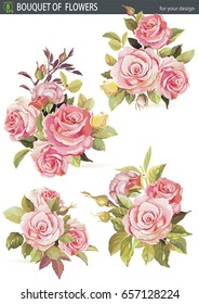 Vector element set with bouquet of rose flower, isolated on the white background. Beautiful realistic hand drawn watercolor
