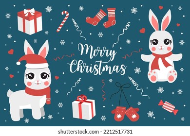 Vector element set for Christmas and New year. Cute little white rabbit