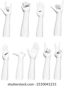 Vector element set in retro halftone style. Human hand gesturing with halftone dotted pattern. Pop art paper cut elements.