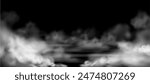 Vector element of smoke on a black background to create an eerie atmosphere. A cloud of fog, haze and steam creates the effect of a mysterious overlay.