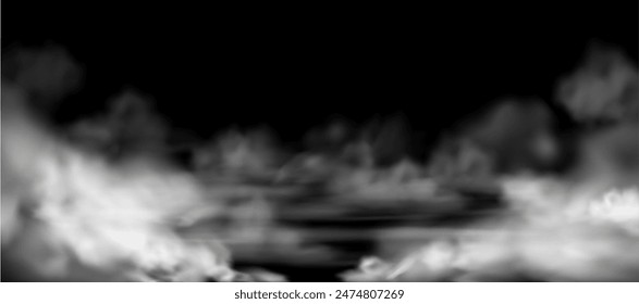 Vector de humo sobre fondo negro para crear una atmósfera espeluznante. Una nube de niebla, neblina y vapor crea el efecto de una misteriosa superposición.