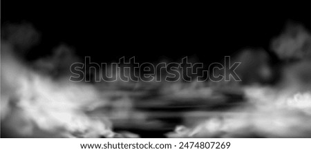 Vector element of smoke on a black background to create an eerie atmosphere. A cloud of fog, haze and steam creates the effect of a mysterious overlay.