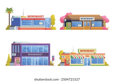 Vector element of store building, minimarket, mart and supermarket flat design style for city illustration
