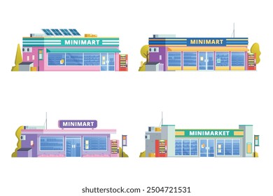 Vector element of store building, minimarket, mart and supermarket flat design style for city illustration