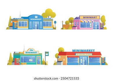 Elemento de Vector del edificio de la tienda, estilo plano del diseño del minimarket, del mercado y del supermercado para la ilustración de la ciudad