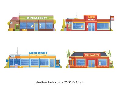 Vector element of store building, minimarket, mart and supermarket flat design style for city illustration