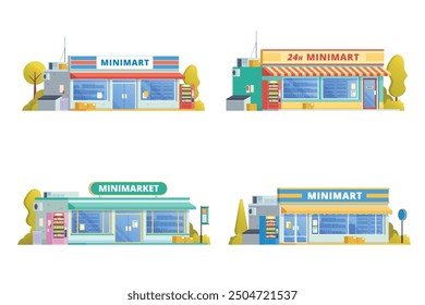 Vector element of store building, minimarket, mart and supermarket flat design style for city illustration