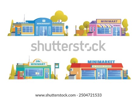 Vector element of store building, minimarket, mart and supermarket flat design style for city illustration