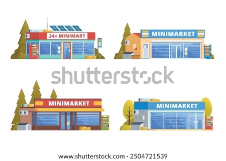 Vector element of store building, minimarket, mart and supermarket flat design style for city illustration