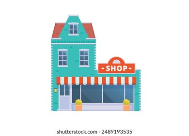 Vector element of store and shop building, grocery building front view detailed flat design style for city illustration