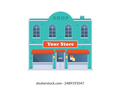 Vector element of store and shop building, grocery building front view detailed flat design style for city illustration