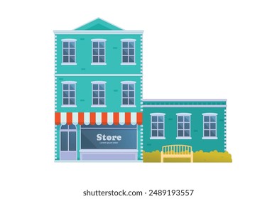 Vector element of store and shop building, grocery building front view detailed flat design style for city illustration