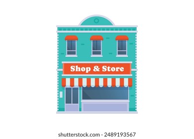 Vector element of store and shop building, grocery building front view detailed flat design style for city illustration