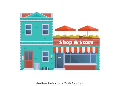 Vector element of store and shop building, grocery building front view detailed flat design style for city illustration