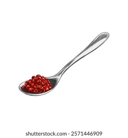 A vector element in the style of a hand-drawn drawing with red caviar in an iron spoon for decorating a restaurant menu with delicacies and seafood recipes