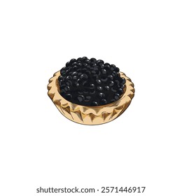 A vector element in the style of a sketch with a tartlet with black sturgeon caviar on a white background for decorating a restaurant menu with gourmet snacks