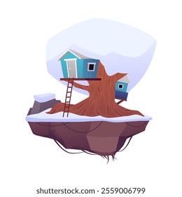 Vector element of two Treehouses on a winter flying island. Snow-covered roofs, windows and stairs. Ideal for game design or mobile applications.