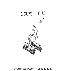 Vector element of type campfire. Drawn by hand in a doodle style with a black outline. Isolated on a white background. For camping trips, campfire instructions, design instructions, warning signs.