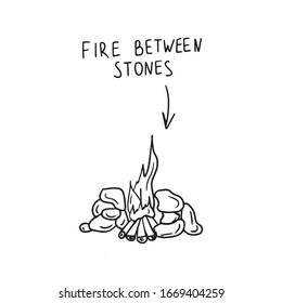 Vector element of type campfire. Drawn by hand in a doodle style with a black outline. Isolated on a white background. For camping trips, campfire instructions, design instructions, warning signs.