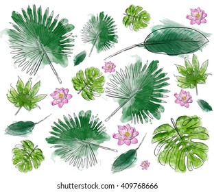 Vector element for your design. Watercolor set with tropical leaves. 
Watercolor palm leaves isolated on white.
Watercolor floral set  hibiscus