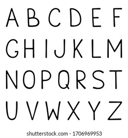 Vector elementary unique hand-drawn lettering font. Black letters on white background. ABC, doodle alphabet.